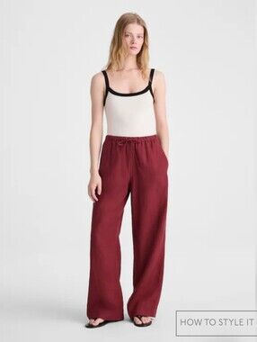 Madewell Wide-Leg Drawstring Pull-On Pants in 100% Linen Sz M $98 dusty merlot